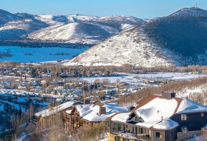An aerial view of a valley in Park City, Utah in winter.